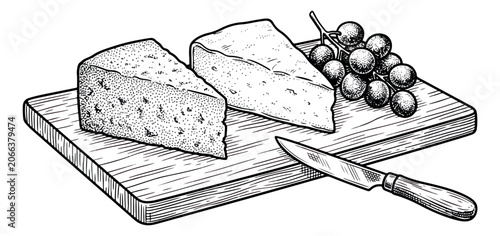 Bild auf Leinwand Vintage hand drawn cheese board vector, rustic wood cutting board with cheese we