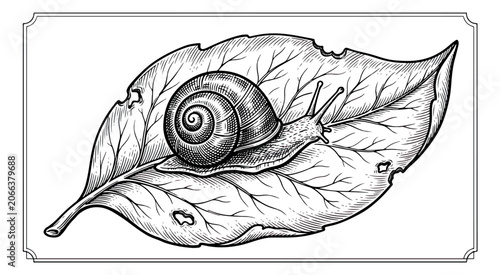 Foto Vintage snail on leaf engraving, antique garden mollusk illustration, black and