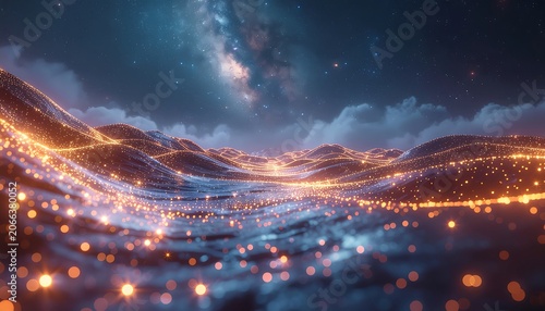 Illuminated Night Sky with Glowing Light Trails.