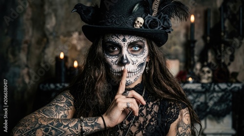 Halloween sugar skull makeup portrait gothic woman with detailed face paint