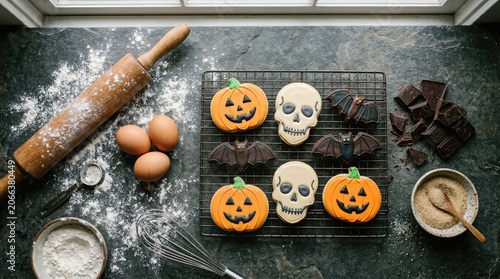 Halloween decorated sugar cookies pumpkin skull bat treats for festive baking