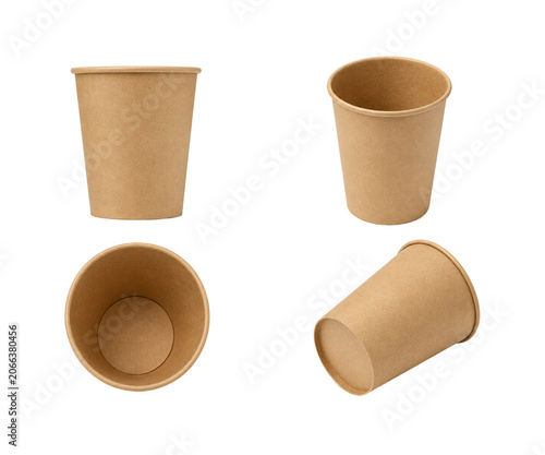 Obraz na plátně Collection of kraft paper cups shown from multiple viewing angles, including front view, angled perspective, top view, and horizontal position