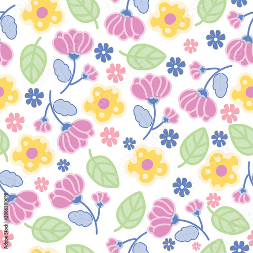 coquette seamless pastel flowers pattern. Delicate petals and vibrant blossoms create an artistic and vintage botanical illustration. Perfect for wallpaper, fabric, wrapping paper and more.