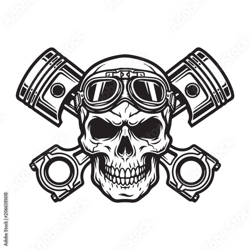 Vintage skull wearing aviator goggles with crossed engine pistons.