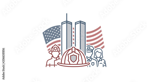 Patriot Day 9/11 Remembrance Tribute with American Flag and First Responders Icon