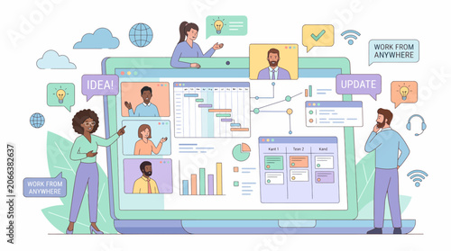 vibrant flat design illustration depicting a diverse group of people engaged in remote collaboration on a large computer screen, surrounded by symbols of communication, ideas, and teamwork.