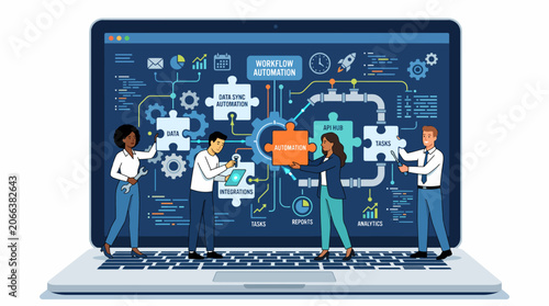 diverse group of three people and one woman standing in front of a large laptop with a complex workflow automation diagram on the screen, highlighting data sync, tasks, and integrations.