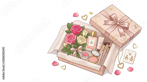 Celebrate National girlfriend day with a beautifully curated gift box, filled with fragrant roses, luxurious beauty products, and sparkling jewelry, symbolizing love and appreciation