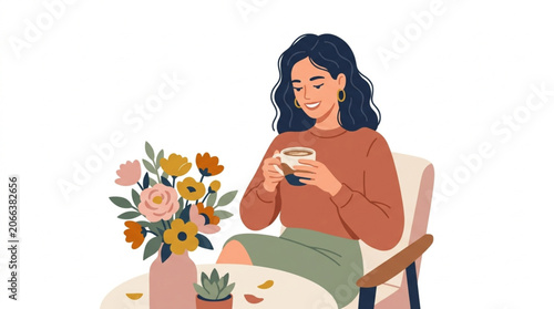 Beautiful Young Woman Relaxing with Coffee and Flowers Celebrating National Girlfriend Day in a Cozy Setting