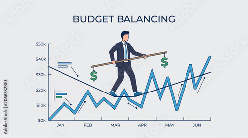 businessman in a suit balances on a seesaw over a line graph showing financial trends from January to June, symbolizing budget balancing and financial management.