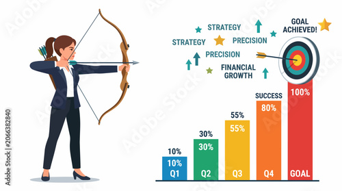 woman in business attire is depicted aiming a bow and arrow at a target, symbolizing precision and goal achievement in a corporate setting with a bar graph showing quarterly progress.