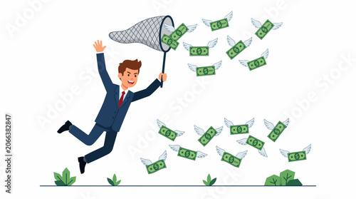cartoon illustration of a businessman in a blue suit jumping and trying to catch flying green dollar bills with white wings using a net.