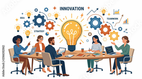 A group of diverse colleagues sitting around a table, engaged in a creative brainstorming session with a large lightbulb and various innovative symbols surrounding them.