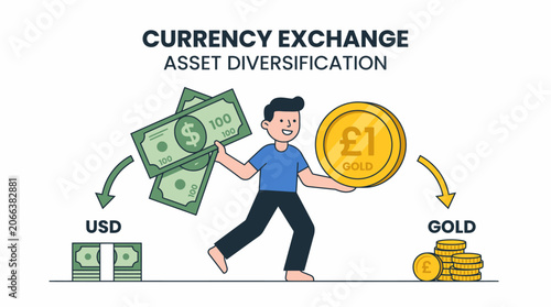 cartoon man in a blue shirt and black pants holds green USD bills in one hand and a large gold coin in the other, exchanging currency for gold, symbolizing asset diversification.