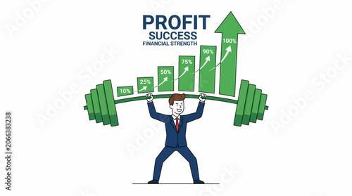 businessman in a blue suit lifts a large green dumbbell with a bar graph and upward arrow, representing profit growth and financial success.