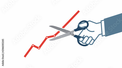 hand in a business suit sleeve holds scissors, cutting a red line graph that represents growth or increase, symbolizing intervention or adjustment.