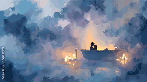 Canvas-taulu Couple Embraces In A Candlelit Boat Amidst Dreamy Clouds With Soft Golden Light