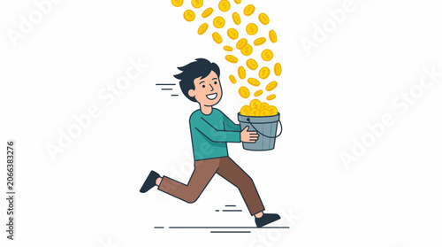 cartoon illustration of a man running while holding a bucket filled with gold coins, with more coins spilling out of it.