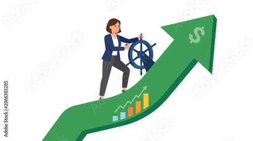 businesswoman in a blue blazer and gray pants standing on a large green arrow, holding a ship's wheel, with a growing graph and dollar sign on the arrow, conveying 