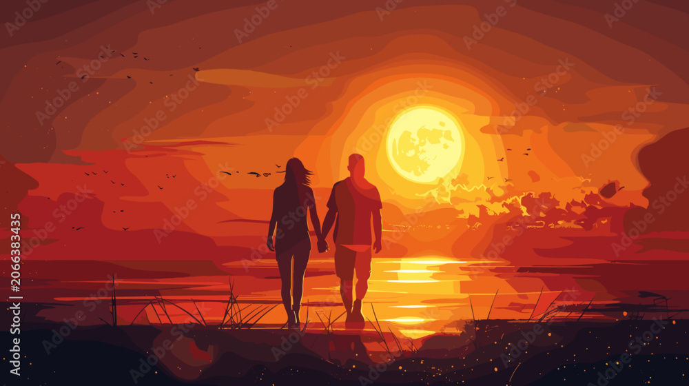 Naklejka premium Couple Walking Hand In Hand Beach During Fiery Pixelated Sunset Ocean Reflection Warm Orange Hues