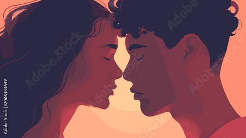 Obraz na plátně Pixel Art Couple Forehead Touch Sunset Warm Tones Intimate Moment