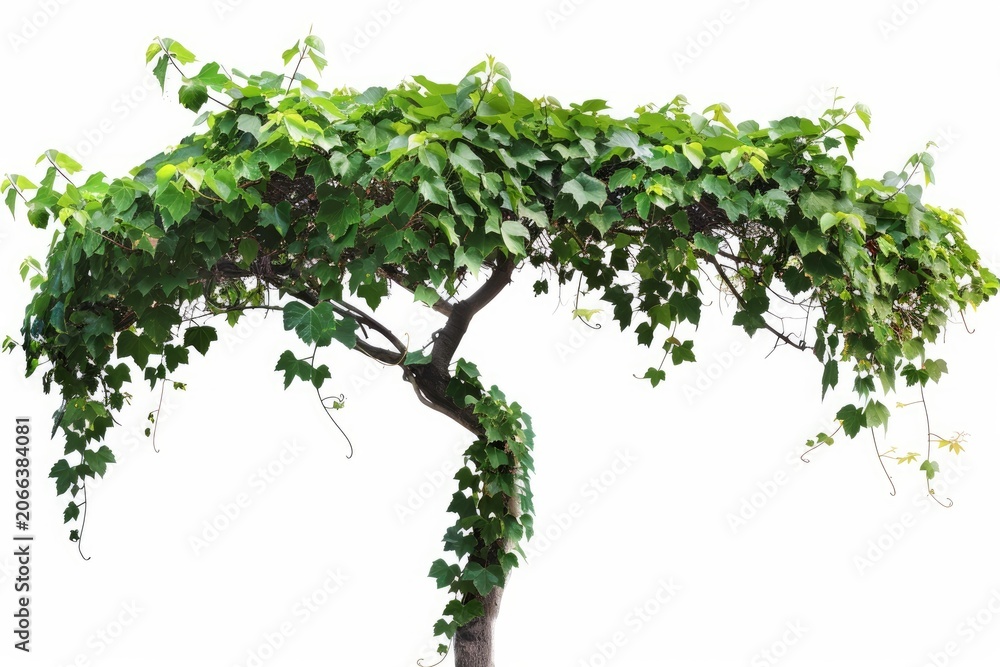 Fototapeta premium Grapevine plant climbing a tree trunk, creating a natural archway with its vibrant green leaves, isolated on a white background