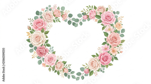 Charming floral heart wreath with delicate pink and white roses and lush greenery, a perfect symbol for celebrating National Girlfriend Day and expressing heartfelt love
