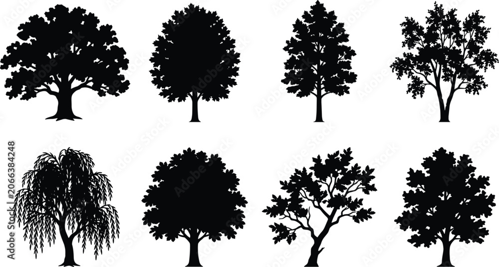 Fototapeta premium Silhouettes of diverse tree shapes for landscape, nature, and botanical design projects