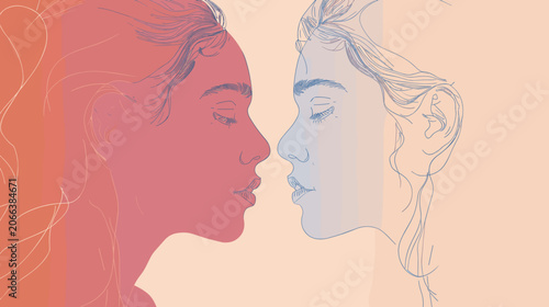 фотографія Two Profile Silhouettes Of Women Faces Approaching Each Other With Gradient Colo