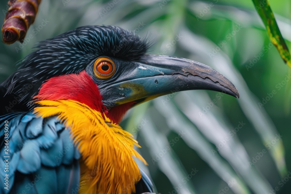 Fototapeta premium Close up of a plate billed mountain toucan displaying its vibrant plumage amidst lush green foliage