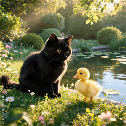 cat on the grass and little duck