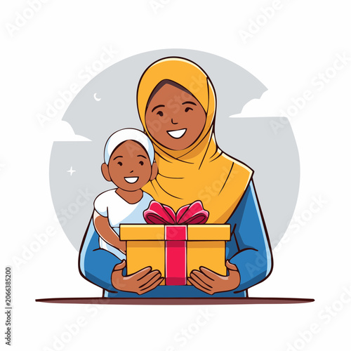 Muslim Mother and Child Holding a Gift Box