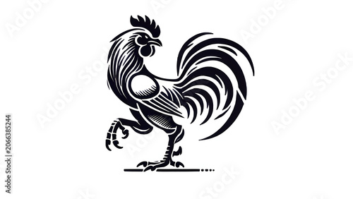 Black and white rooster illustration standing on one leg minimalist line art drawing