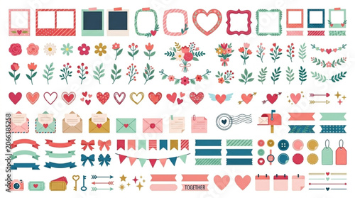 Cute vector scrapbooking elements for National girlfriend day card designs with hearts, flowers, and ribbons