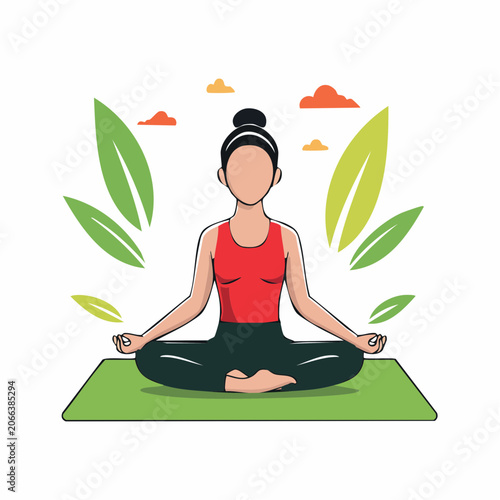 Woman Meditating in Lotus Pose on Yoga Mat with Leaves and Clouds