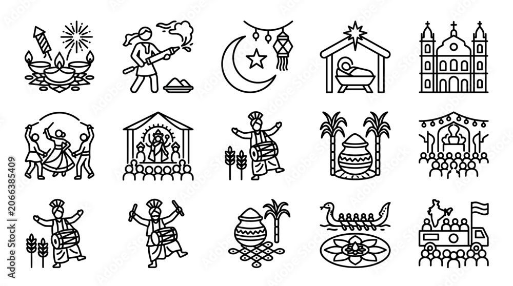 Fototapeta premium Set of Indian Festivals and Traditional Cultural Celebration Icons.