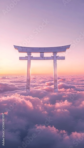 Mystical gateway above clouds at sunrise with dreamy pastel sky and celestial atmosphere