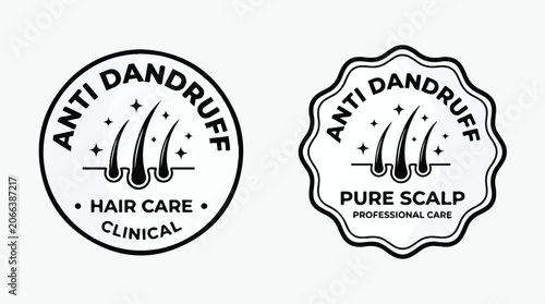 Professional anti dandruff hair care vector graphic badge set featuring clean minimalist black line art