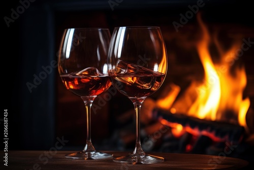 Two glasses containing cold beverage with ice beside a warming fireplace