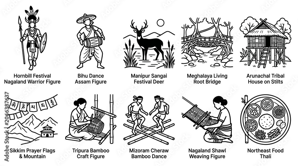 Obraz premium Set of ten monochrome illustrations showcasing Northeast Indian culture and heritage.