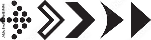 A collection of five distinct black arrow on a white background, featuring dotted, outlined, chevron, curved, and solid also transparent background