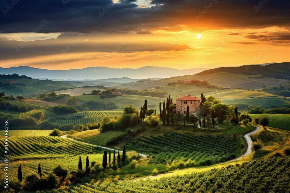 Fototapeta premium Sunset illuminating rolling hills, a classic farmhouse, and vineyards in the italian countryside