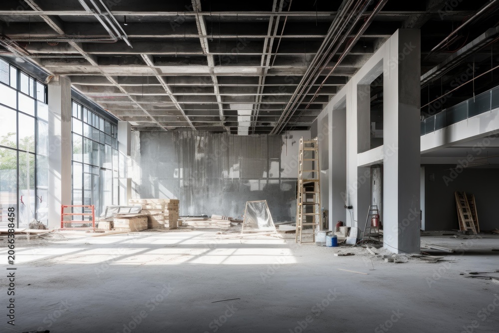 Naklejka premium Modern commercial space in early stages of construction with exposed concrete architecture