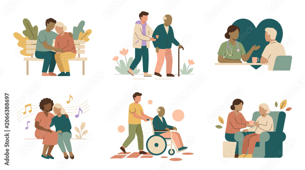 Fototapeta premium Vector illustrations depicting younger individuals providing care, support and companionship to elderly, Illustrating compassionate services and intergenerational relationships for social welfare