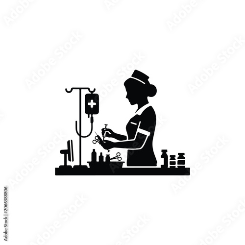 Nurse Silhouette Preparing Medical Equipment and IV Drip Vector Illustration