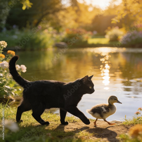 Cat and duck playing together 