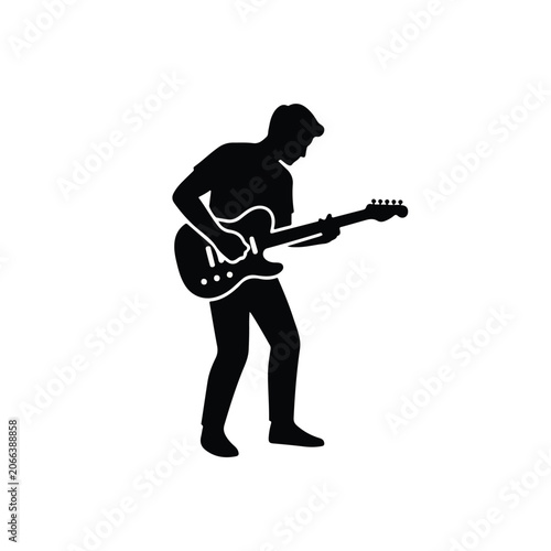 Silhouette of a person playing an electric guitar with a white background