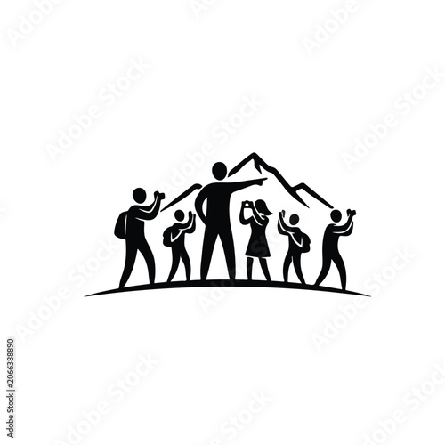 Silhouette of a group of hikers exploring mountains and admiring the landscape