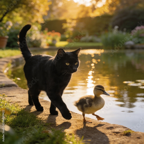 black cat and duck on the ground