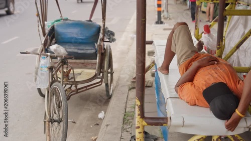 Samlor, Rickshaw Bicycle Taxi Driver Lying Down & Resting, Wait For Customers